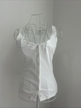 aerie Women's White Ribbed Button-Front Tank Top with Lace Trim
